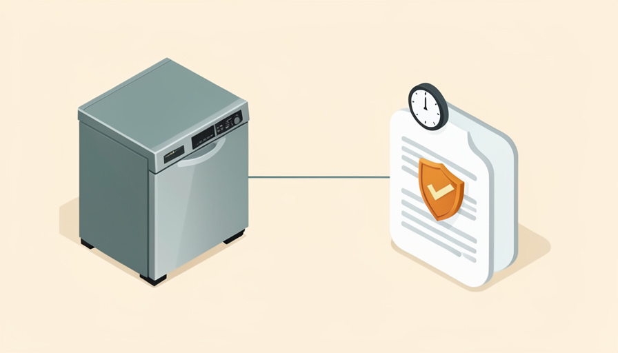 Isometric dishwasher beside a warranty document with a shield and checkmark and a small clock, representing appliance warranty coverage over time