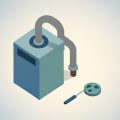 Isometric garbage disposal with a dishwasher drain hose looped high, a round knockout-plug disc, and a screwdriver, representing fixing a dishwasher that won't drain after a new disposal