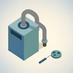 Isometric garbage disposal with a dishwasher drain hose looped high, a round knockout-plug disc, and a screwdriver, representing fixing a dishwasher that won't drain after a new disposal