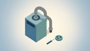 Isometric garbage disposal with a dishwasher drain hose looped high, a round knockout-plug disc, and a screwdriver, representing fixing a dishwasher that won't drain after a new disposal