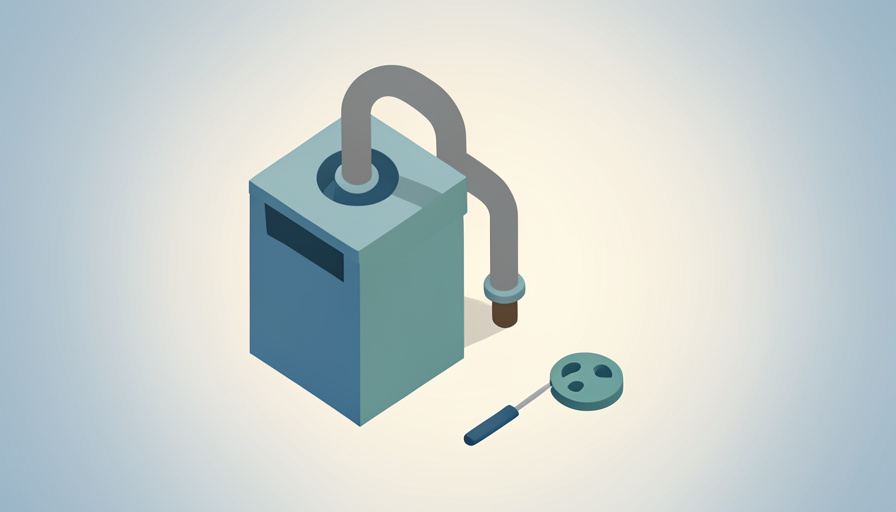Isometric garbage disposal with a dishwasher drain hose looped high, a round knockout-plug disc, and a screwdriver, representing fixing a dishwasher that won't drain after a new disposal