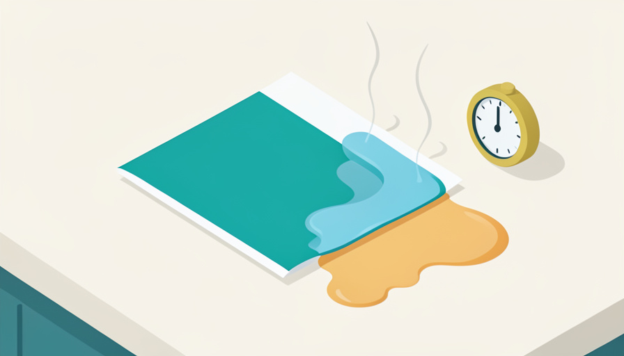 Isometric disinfecting wipe leaving a wet streak on a counter with evaporation wisps and a small timer, representing whether wipes work when they dry out