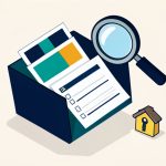 Isometric evidence folder with photos, a checklist, and a magnifying glass beside a house-and-key icon, representing evidence to dispute a move-out deduction
