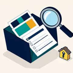 Isometric evidence folder with photos, a checklist, and a magnifying glass beside a house-and-key icon, representing evidence to dispute a move-out deduction