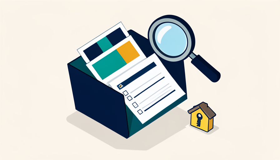 Isometric evidence folder with photos, a checklist, and a magnifying glass beside a house-and-key icon, representing evidence to dispute a move-out deduction