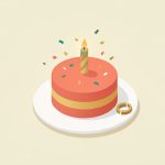 Isometric colorful celebration cake with confetti and a small broken-ring motif, representing a divorce party cake marking a fresh start