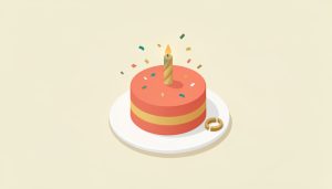 Isometric colorful celebration cake with confetti and a small broken-ring motif, representing a divorce party cake marking a fresh start