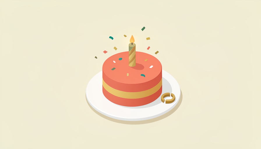 Isometric colorful celebration cake with confetti and a small broken-ring motif, representing a divorce party cake marking a fresh start