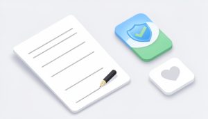 Isometric document with a pen nib signing a line, an audit-trail shield app tile, and a nonprofit heart icon, on DocuSign alternatives for nonprofits
