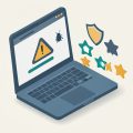 Isometric laptop showing a warning dialog with a bug icon, a security shield, and a row of partly hollow star ratings, representing a driver updater app that may be malware
