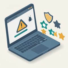 Isometric laptop showing a warning dialog with a bug icon, a security shield, and a row of partly hollow star ratings, representing a driver updater app that may be malware