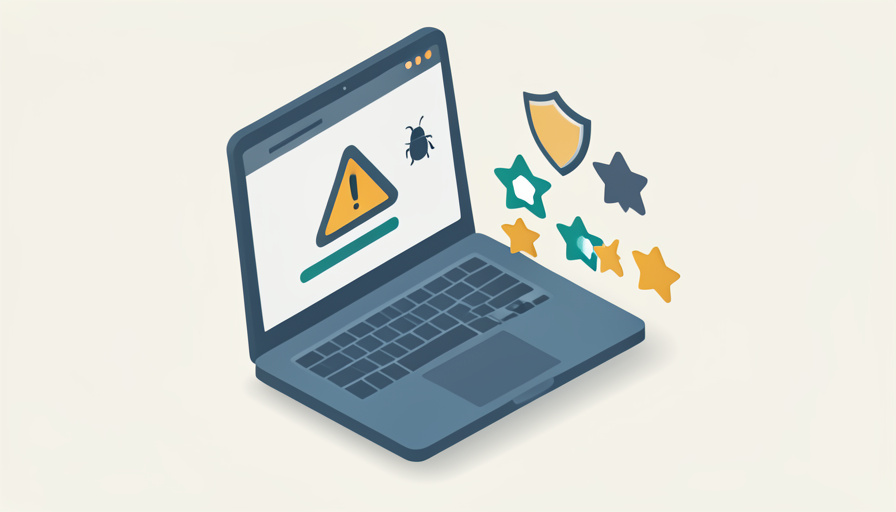 Isometric laptop showing a warning dialog with a bug icon, a security shield, and a row of partly hollow star ratings, representing a driver updater app that may be malware