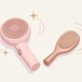 Isometric still-life of a blow-dry brush styler and a round hairbrush with soft hair swirls, on Dyson Airwrap alternatives for beginners who want an easy blowout