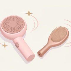 Isometric still-life of a blow-dry brush styler and a round hairbrush with soft hair swirls, on Dyson Airwrap alternatives for beginners who want an easy blowout
