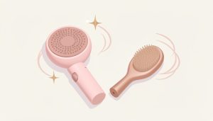 Isometric still-life of a blow-dry brush styler and a round hairbrush with soft hair swirls, on Dyson Airwrap alternatives for beginners who want an easy blowout