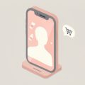 Isometric smartphone on a stand showing a live beauty stream with floating skincare bottles, a chat bubble, and a shopping-cart icon, representing creator-led live shopping