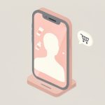 Isometric smartphone on a stand showing a live beauty stream with floating skincare bottles, a chat bubble, and a shopping-cart icon, representing creator-led live shopping