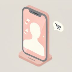 Isometric smartphone on a stand showing a live beauty stream with floating skincare bottles, a chat bubble, and a shopping-cart icon, representing creator-led live shopping