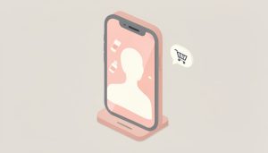 Isometric smartphone on a stand showing a live beauty stream with floating skincare bottles, a chat bubble, and a shopping-cart icon, representing creator-led live shopping