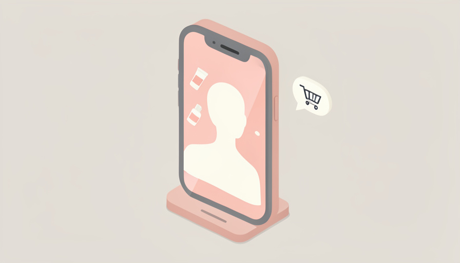 Isometric smartphone on a stand showing a live beauty stream with floating skincare bottles, a chat bubble, and a shopping-cart icon, representing creator-led live shopping