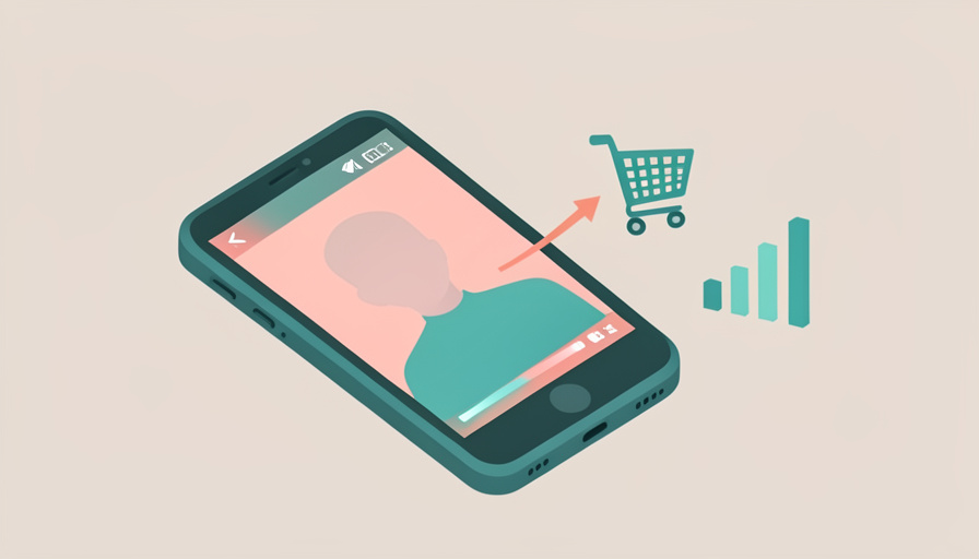 Isometric smartphone showing a live stream connected by an arrow to a shopping cart and a rising bar chart, representing a live shopping sales channel and its conversion