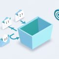 Isometric masked envelopes funneling through arrows into one inbox tray with an at-sign badge, on email alias providers for safer sign-ups