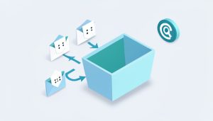 Isometric masked envelopes funneling through arrows into one inbox tray with an at-sign badge, on email alias providers for safer sign-ups
