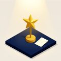 Isometric golden star trophy on a small stage under a spotlight beside a sealed award envelope, representing a television awards ceremony