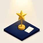 Isometric golden star trophy on a small stage under a spotlight beside a sealed award envelope, representing a television awards ceremony