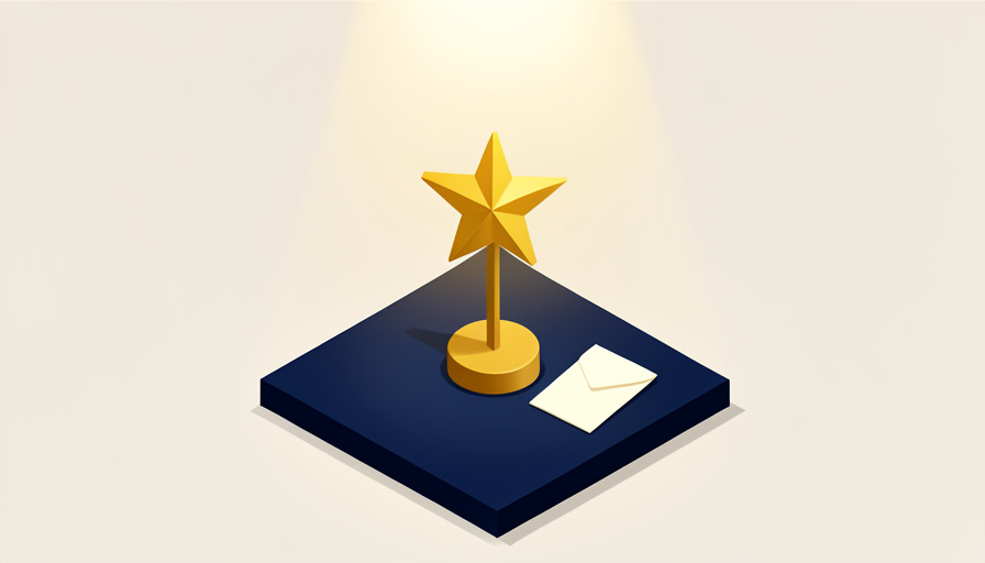 Isometric golden star trophy on a small stage under a spotlight beside a sealed award envelope, representing a television awards ceremony