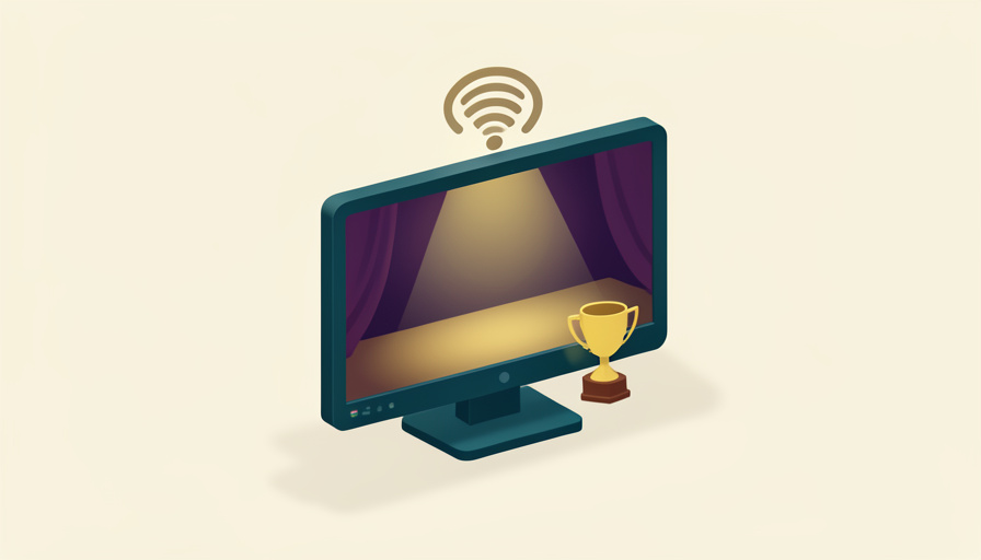 Isometric television screen showing a stage spotlight and a broadcast-signal burst next to a simple award trophy, representing a network awards-show promo campaign