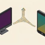 Isometric television and a phone screen linked by a broadcast signal with a small upward audience arrow, representing a cross-platform viewership strategy