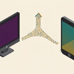 Isometric television and a phone screen linked by a broadcast signal with a small upward audience arrow, representing a cross-platform viewership strategy