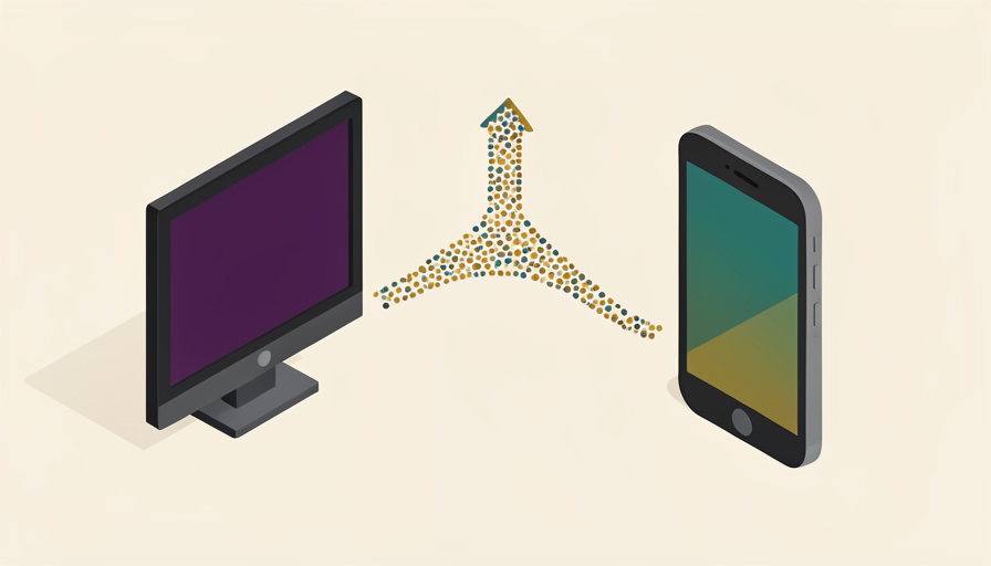 Isometric television and a phone screen linked by a broadcast signal with a small upward audience arrow, representing a cross-platform viewership strategy