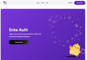 Ente Auth homepage describing an open-source 2FA authenticator with end-to-end encrypted backups