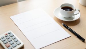 A desk with a blank insurance claim form, a calculator, a pen, and a cup of coffee