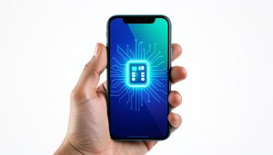 A hand holding a smartphone with a glowing digital SIM chip and circuit lines on the screen, representing eSIM self-activation on a new phone