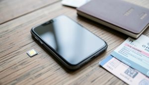 A smartphone with a SIM card beside it, next to a passport and boarding passes on a wooden table
