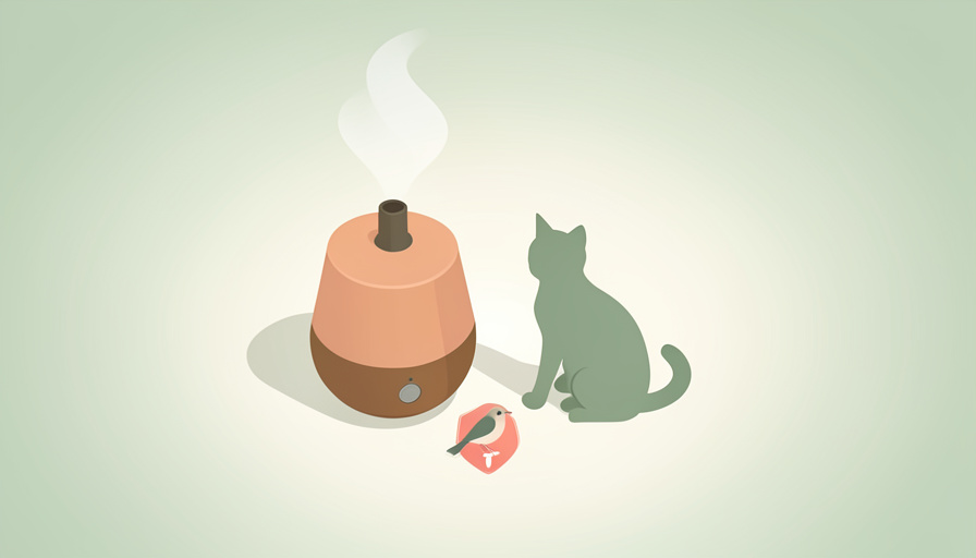 Isometric essential-oil diffuser releasing mist beside a cat silhouette and a small bird, with a warning badge, representing diffuser safety checks for pets and birds