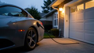 An electric car charging on a home driveway beside a garage at dusk