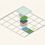 Isometric spreadsheet grid with a formula spilling a column of cells downward and a warning triangle on a blocked cell, representing Excel dynamic array errors