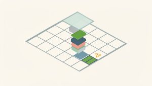 Isometric spreadsheet grid with a formula spilling a column of cells downward and a warning triangle on a blocked cell, representing Excel dynamic array errors