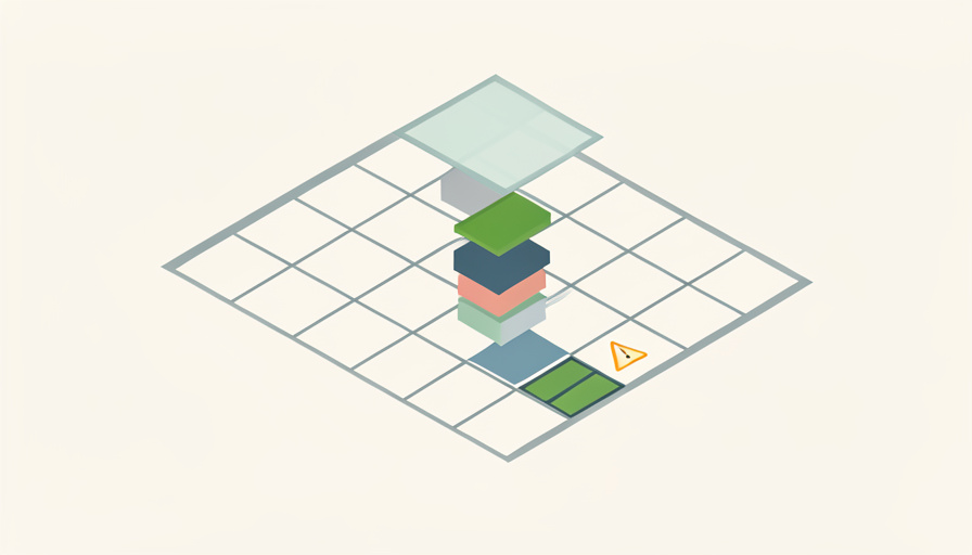 Isometric spreadsheet grid with a formula spilling a column of cells downward and a warning triangle on a blocked cell, representing Excel dynamic array errors