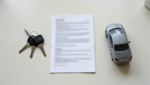 Car keys, a folded insurance policy document, and a small model car on a light desk