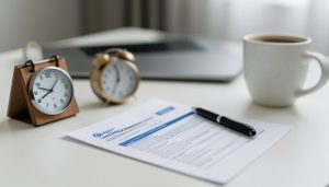 A financial aid application form on a desk beside two clocks, a pen, and a laptop, suggesting processing time