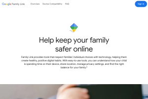 Google Family Link page showing cross-platform parental controls and screen time