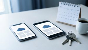 Two separate smartphones showing generic cloud icons on a table beside a calendar, house keys, and a coffee cup