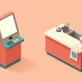 Isometric fast-food counter with a blank self-order kiosk screen on one side and a staffed service counter with an apron and order bell on the other