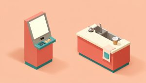 Isometric fast-food counter with a blank self-order kiosk screen on one side and a staffed service counter with an apron and order bell on the other