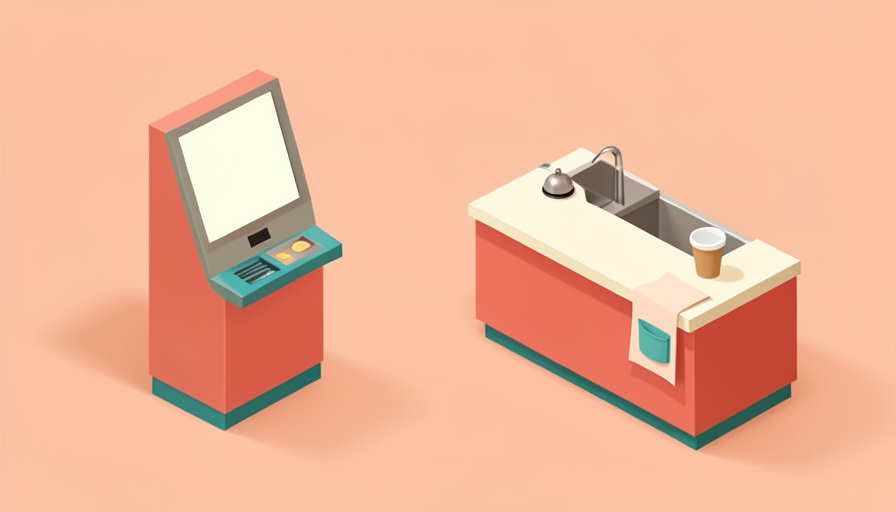 Isometric fast-food counter with a blank self-order kiosk screen on one side and a staffed service counter with an apron and order bell on the other